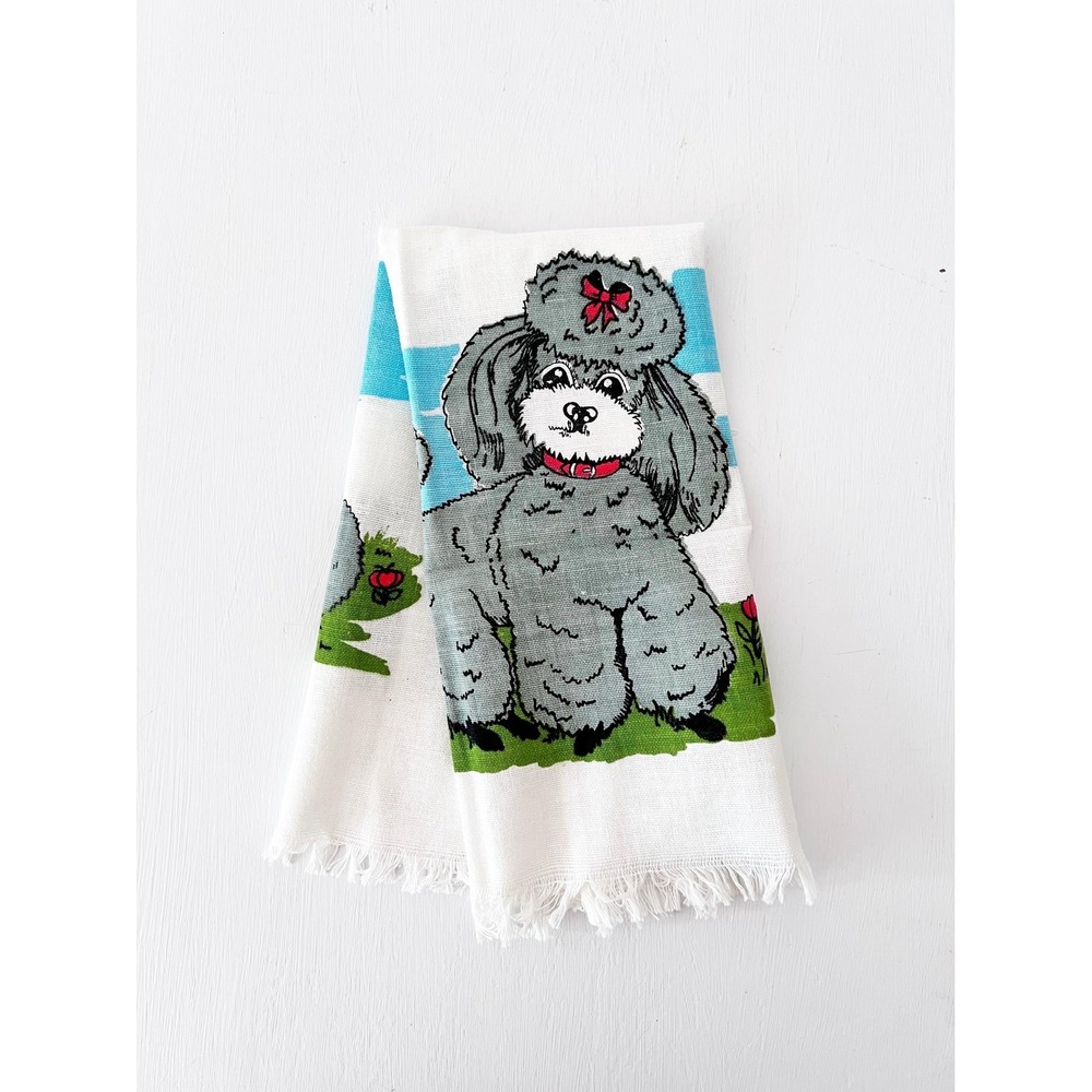 50s Poodle Tea Towel / Vintage Dog Dishtowel‎ / 50s Blue Woven Kitchen